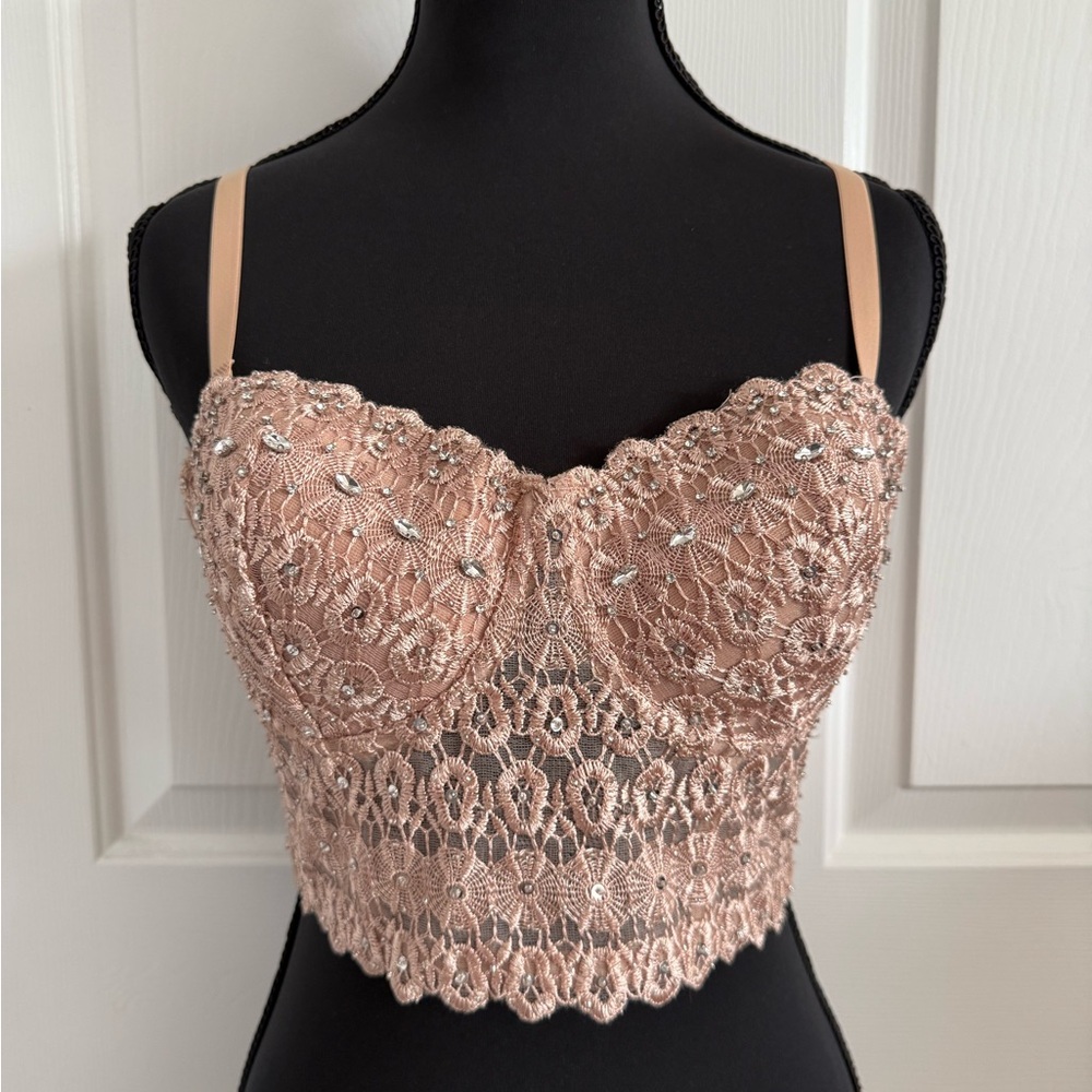Rhinestone embellished crop top cream blush corset bustier rave festival tank